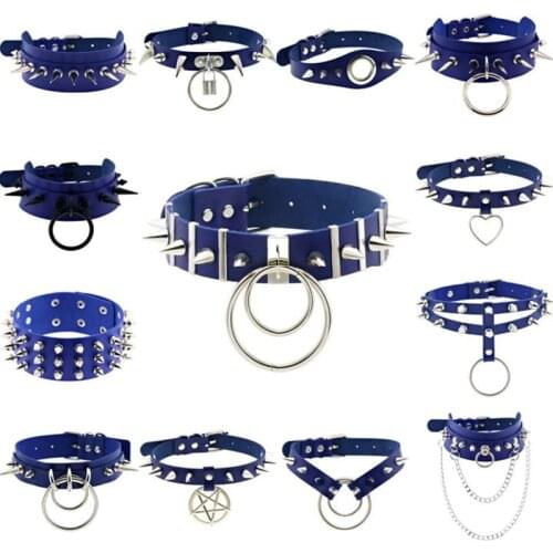 Trendy Blue Cosplay Harajuku Punk Rock Gothic Necklace Sexy PU Leather Heart Round Spike Collar Choker Necklace Body Accessories