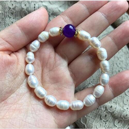 Fashion jewelry Natural 8-9mm White Freshwater Rice Pearl&10mm Purple Jade Bracelet 7.5'' A