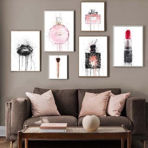 Fashion Perfume Bottle Lipstick Designer Wall Art Print Canvas Painting Nordic Poster Pink Wall Pictures For Girls Bedroom Decor