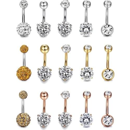 Hypoallergenic 3 Colors 1 Color 5pcs Zircon Belly Button Nail Soft Pottery Ball Belly Button Ring Set Combination