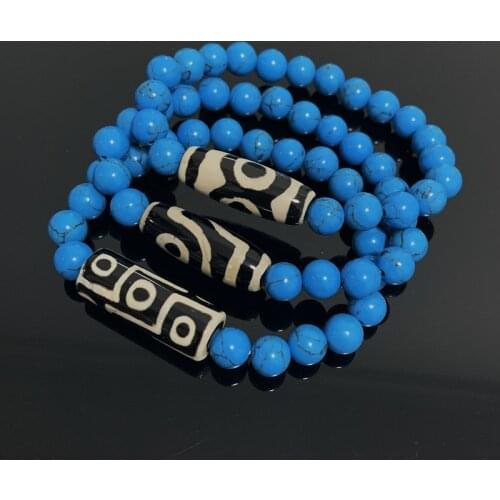 Natural Tibetan Dzi Agates Bracelets Healing Jewelry Buddha Prayer Nine-eyed Charm Stone Synthetic Blue Turquoises Bracelets Men