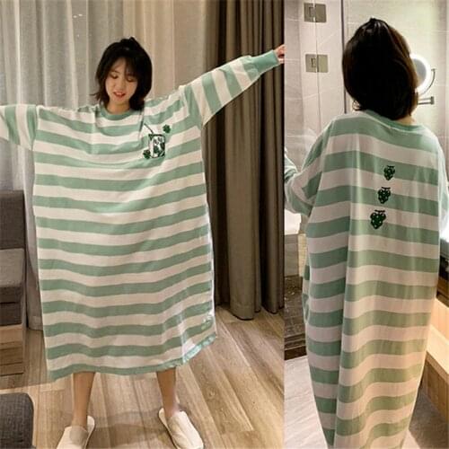 Autumn sleepwear new nightdress striped sexy nightgown plus size simple cotton loose skirt Korean home service pijamas women