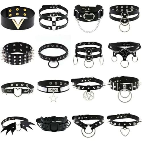 Women Punk Gothic Black Pu Leather Choker Necklaces 2021 Hollow Heart Spike Rivet Neck Jewelry Collar Necklace Cosplay Harajuku