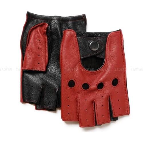 Spring Male100% Pure Real Leather Half Finger Thin Gloves Man Genuine Sheepskin Red/Brown/Blue Driving Riding Luvas Guantes