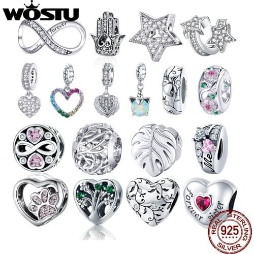 WOSTU Authentic 925 Sterling Silver Zircon Heart Beads Charms Pendant Fit Bracelets Women Party DIY Fine Jewelry Gift Making