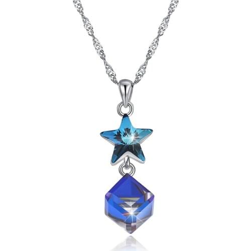 SILVERHOO Sterling Silver 925 Jewelry Star Necklace Womens Blue Square Austria Crystal Pendant Necklaces Valentines Day Gift