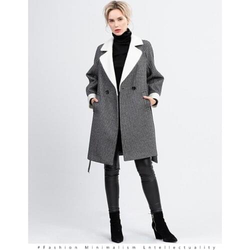 Woolen coat autumn winter clothing herringbone plaid jacket mid-length casual fashion slim suit collar one-button overcoat D149