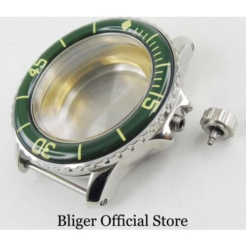 High Quality Watch Case 45mm Green Bezel Fit MIYOTA Automatic Movement Screw Crown
