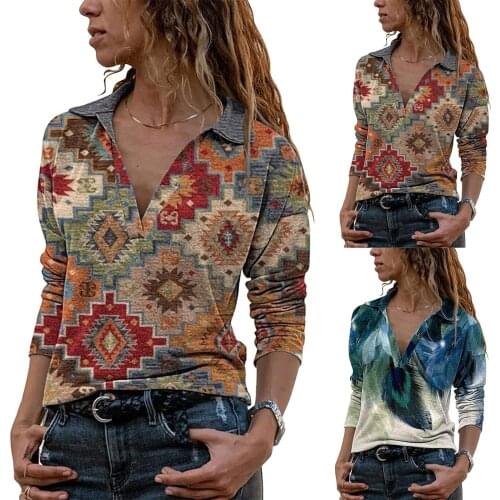 Autumn New Fashion Women Deep V-Neck Retro Print Long Sleeves Shirt Folk Style National Casual Tops Camiseta feminina