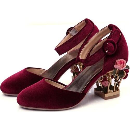 Moraima Snc Fashion Velvet Caged Style Thick Heels Mary Janes Woman Round Toe Flower Decorations Wedding Heels Girls Dress Shoes