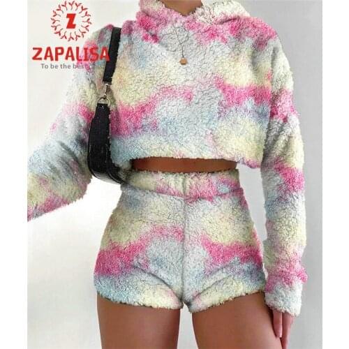 Women 2 Piece Winter Warm Plush Outfits Hooded Decor O-Neck Long Sleeve Leopard Print Short Top+Elastic High Waist Slim Shorts