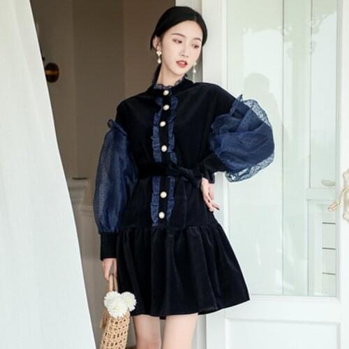 Elegant Pearls Buttons Ruffles Mini Dress Women Runway Velvet Dress Lantern Sleeve Patchwork Dot Party Dress Belt Vintage B678