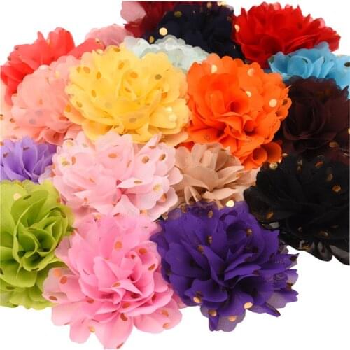 120pcs Gold Point Printing Chiffon Discoid Flowers Puff Flower Accessories Without Hairclip Boutique Hair Accessory