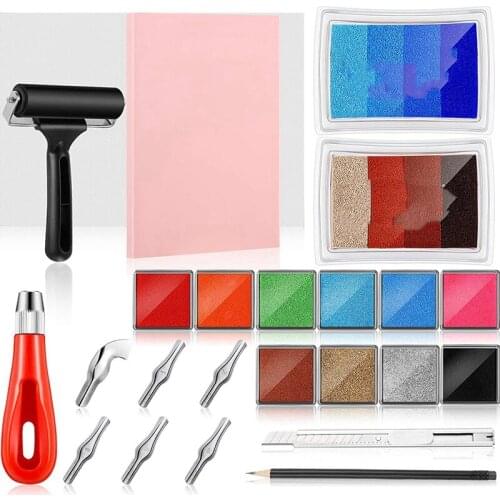 18Pcs Rubber Stamp Making Kit Block Print Tool Set ,with Ink Pad,Rubber Carving Block,for DIY Stamp Carving Craft