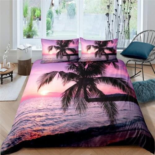 Luxury 3D Sandy Beach Coconut Tree Print 2/3Pcs Kids Bedding Set Duvet Cover Pillowcase Home Textile Single Queen and King Size