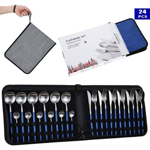 24pcs Carry Bag Gift Box Stainless Steel Tableware Set Knife Fork Spoon Luxury Cutlery Set Gift Box Flatware Dishwasher Safe