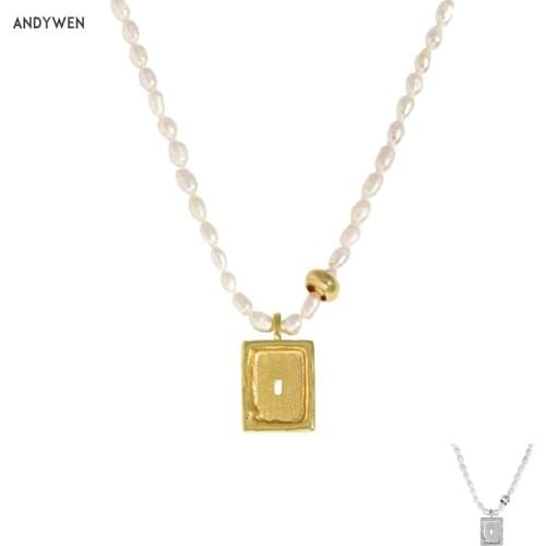 ANDYWEN 100% 925 Sterling Silver Gold Pearl Chain Square Pendant Choker Chain Women Necklace 2021 Women Wedding Jewelry Crystal