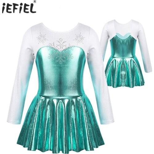 Kids Girls Ballet Costume Dancewear Stage Performance Long Sleeve Shiny Snowflake Metallic Ballet Dance Leotard Gymnastics Dress