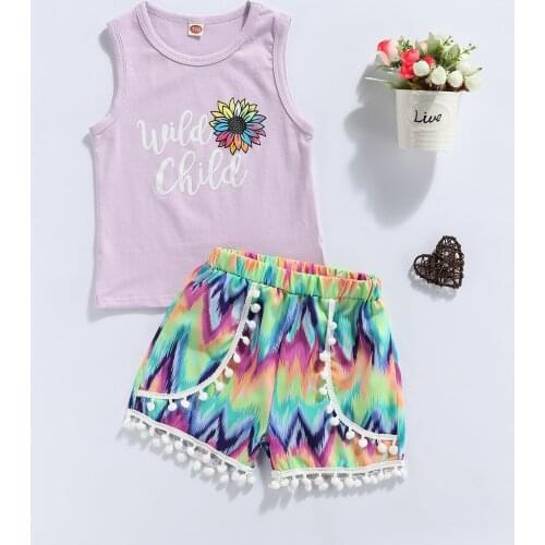 FOCUSNORM 0-4Y Summer Infant Baby Girls Clothes Sets 2pcs Letter Floral Sleeveless Vest Tops Tie-Dye Printed Tassel Shorts
