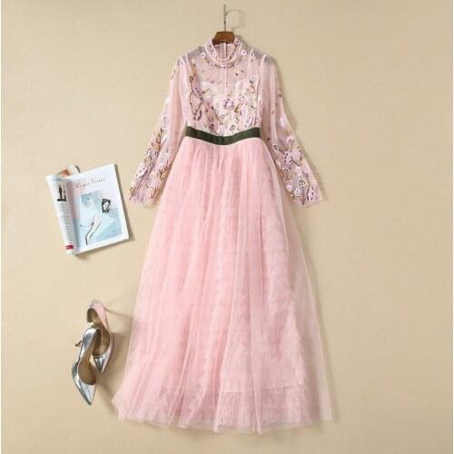 And American womens European clothing new 2021 spring Long sleeve stand collar embroidered Mosaic cake Fashion mesh dresses