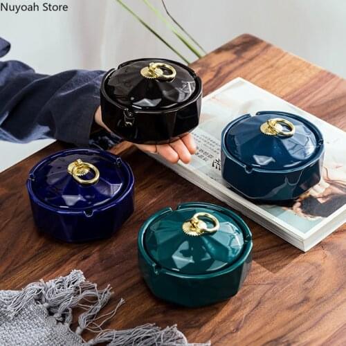 Diamond Pattern Ceramic Ashtray Anti-fly Ash Storage Box with Lid Creative Office Household Ashtray Home Decoration Accessories