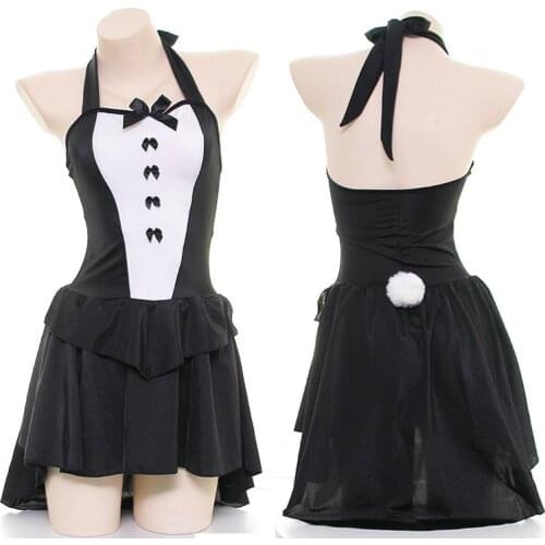 Cute Sexy Womens Nite French Lolita Bow-knot Maid Dress with Tail Rabbit Girl Servant Cosplay Costume Lolita Lingerie Uniform