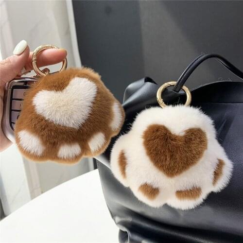 Plush Cute Cat Paw Toy Real Rex Rabbit Fur keychain Women Bag Charm Pendant Car Key ring Soft Pom Pom Bear claw Ornaments Gift