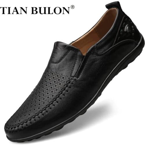 Italian Men Casual Shoes Summer Genuine Leather Men Loafers Moccasins Slip on Mens Flats Breathable Male Driving Shoes Zapatos