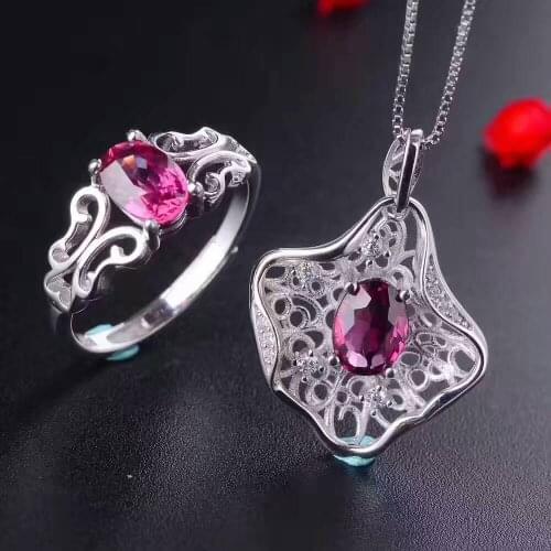 Natural Red Garnet Ring Pendant Natural Gemstone Jewelry Set 925 Silver Fashion Elegant Women Wedding Necklace gift fine Ring