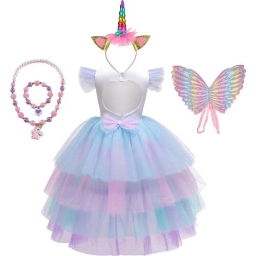 Girls Long Tail Unicorn Tutu Dress for Kids Halloween Christmas Children Princess Birthday Party Gift Horse Cosplay Costume