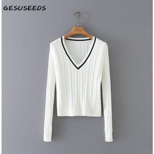 Casual sweater knitted long sleeve top women fashion pullover fall v neck sweater patchwork twist pullover winter white top 2020