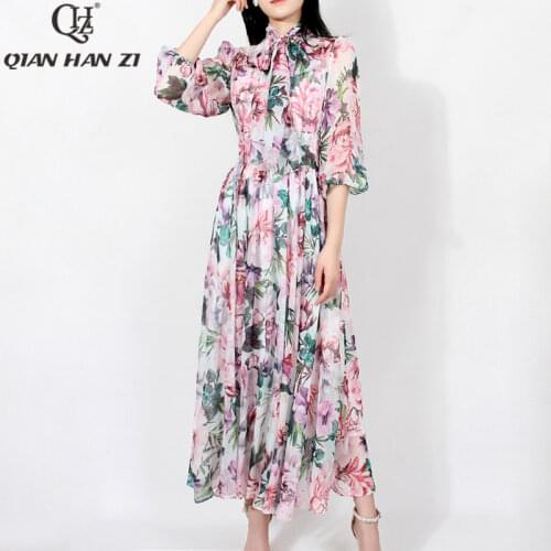 Qian Han Zi 2021 designer fashion summer dress Womens bow tie elegant Slim vintage Long chiffon print dress