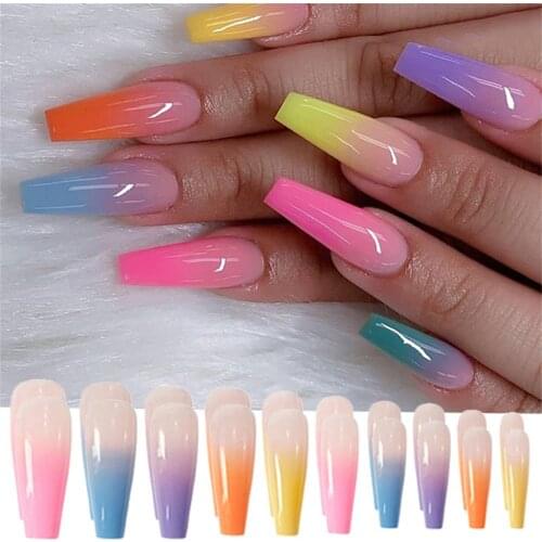 Rainbow Gradien Coffin Fake Nails Set Ballerina Full Cover Nail Art DIY Tips UV Gel Colorful Acrylic False Nails Manicure Tools