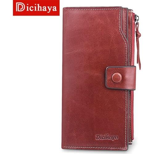 DICIHAYA Luxury Brand Genuine Leather Women Wallet Long Solid Zipper Wallet Red Money Bag Coin Purse Female Credit Card Holder