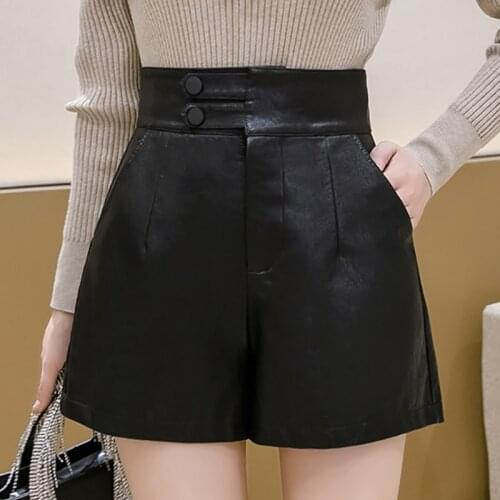Wide Leg Short Black PU Leather Shorts New Korean Fashion Womens Shorts Autumn Button Zipper Ladies Sexy Shorts Feminino Winter