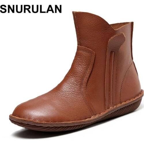 SNURULAN New Women Genuine Leather Fashion Boots Fashion Shoes Zip Design Size Autumn Winter Simple and elegant Retro style