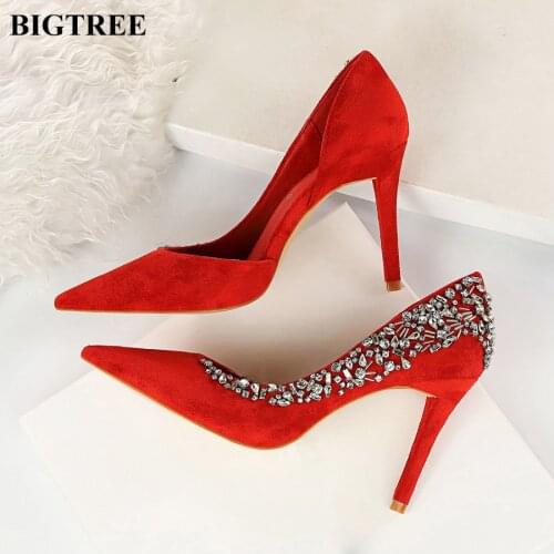 Top Rhinestone Crystal Shoes Soft Flock Shallow Red Wedding Women Shoes Side Cut-Outs Sexy Pointed Female High Heels Pumps Party