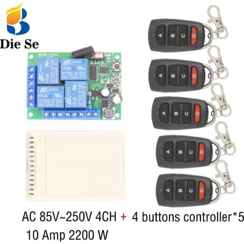 433MHz Universal Wireless Remote Control AC 110V 220V 10Amp 2200W 4CH Relay Receiver Module RF Switch for Gate Garage opener