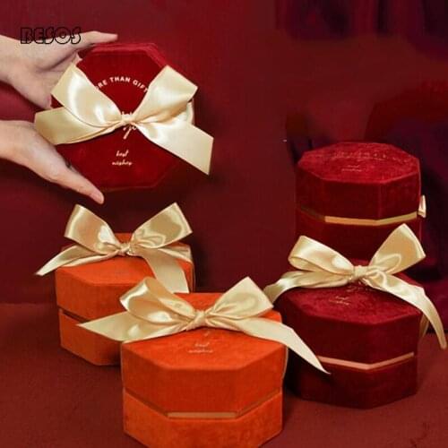 High Grade Orange Red Pink Velvet Polygonal Bronzing Ribbon Gift Box Party Wedding Jewelry Cosmetics Flower Decoration Gift Box