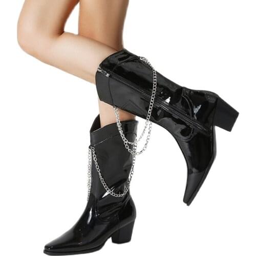 Winter for woman new fashion sexy Pointed toe shoes Pure color Zipper Metal chain Chunky heels 5.8cm concise Half boots 35-40