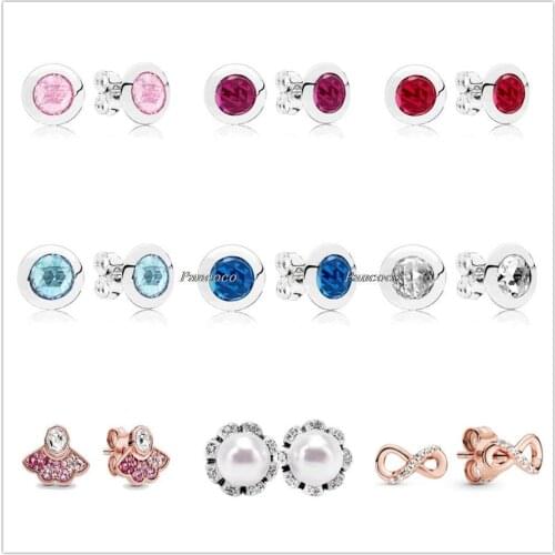 Authentic 925 Sterling Silver Blue & Pink Fan Earring With Crystal Stud Earrings For Women Wedding Gift Pandora Jewelry