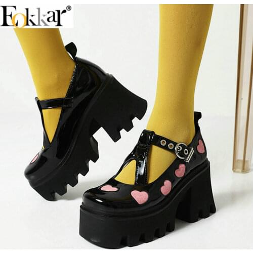 Eokkar 2021 Gothic Shoes Pumps T Strap Lolita Gothic Women Pumps Mary Jane Platform Shoes Goth Mary Jane Heart Platform Shoes