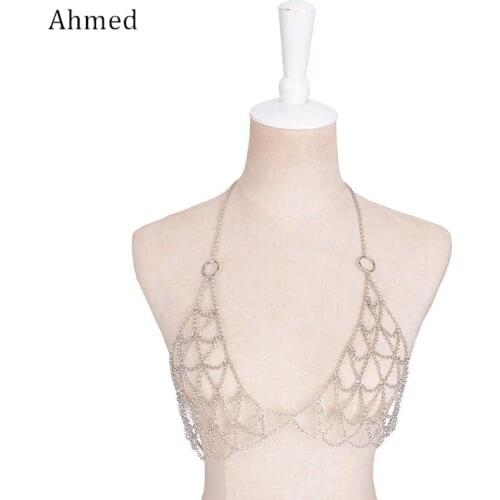 Ahmed Fashion Sexy Beach Bikini Alloy Chest Chain Bra for Women New Design Silver Bra Body Chain Statement Jewelry