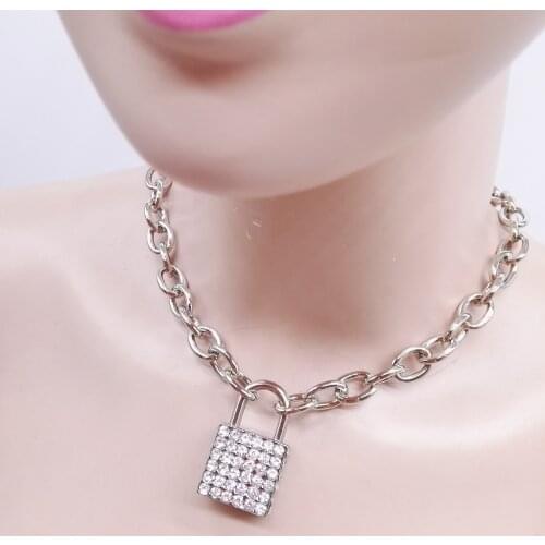 Women Fashion Handmade Metal Chain Choker punk Collar belt Necklace with crystal square PADLOCK