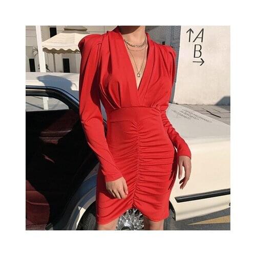 Sexy Bag Hip Pleated Bodycon Dress Women Long Sleeve Night Club Party Mini Dress Black Clothes Vestido