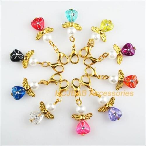 10 New Heart 14x22mm Charms Mixed Flower Acrylic Gold Color Retro With Lobster Claw Clasps
