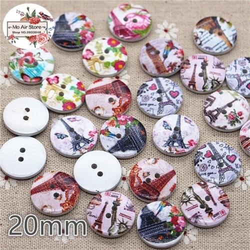50pcs Mixed Color Effel Tower Wooden round Decorative Button 2 Holes 20mm Fit DIY Scrapbooking Products