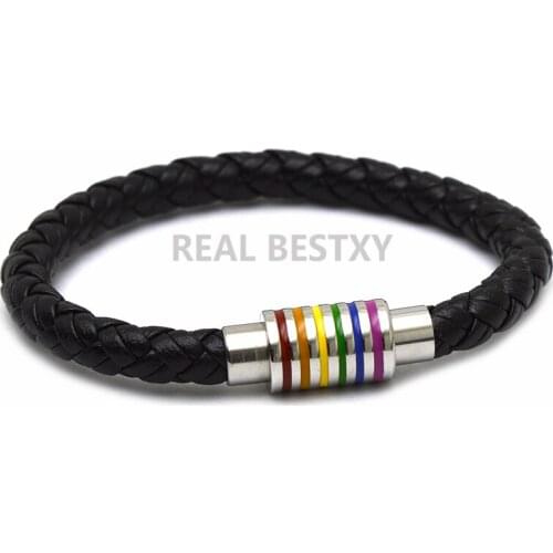 5pcs/lot Men Rainbow Jewelry Charm Leather Bracelet With Stainless Steel Accessories Gay Pride Bracelet For Gay Holiday Jewelry