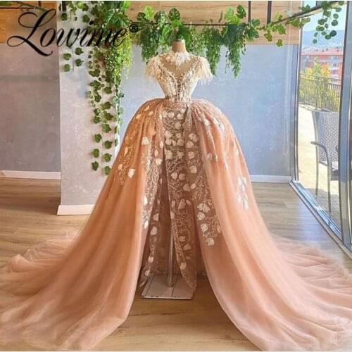 Ball Gown Champagne Floral Lace Evening Dresses Robe De Soiree With Detachable Train 2020 Feathers Split Side Long Prom Dress