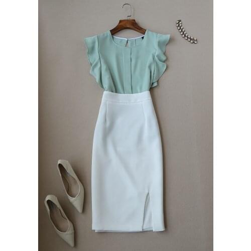 FREE SHIPPING Womens Fashion Ruffled Short Sleeve Chiffon O-neck Blouse Top and Medium Long High Waist Skirt OL Set